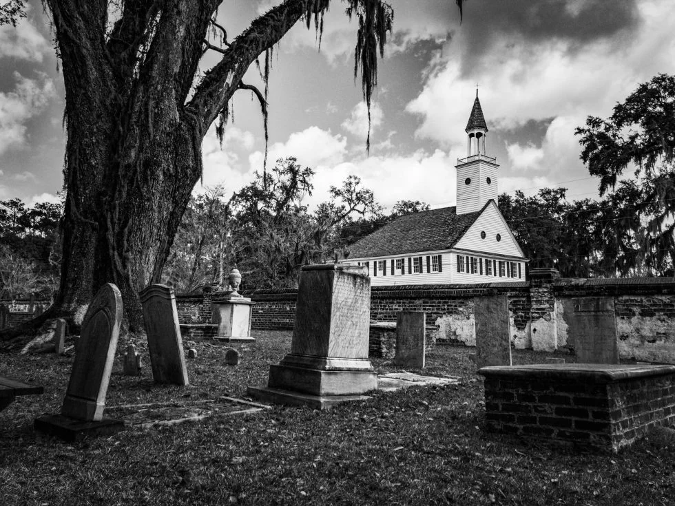 Midway Church and the historic brick-walled Midway Cemetery in Liberty County, Georgia
