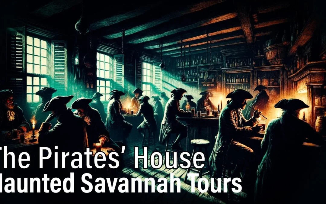 Atmospheric illustration of pirates in tricorn hats gathered in a dimly lit tavern for The Pirates House Haunted Savannah Tours