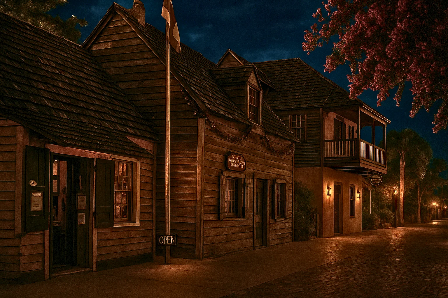 Historic wooden colonial buildings on cobblestone street at dusk with warm lantern lighting and open sign in St Augustine Florida