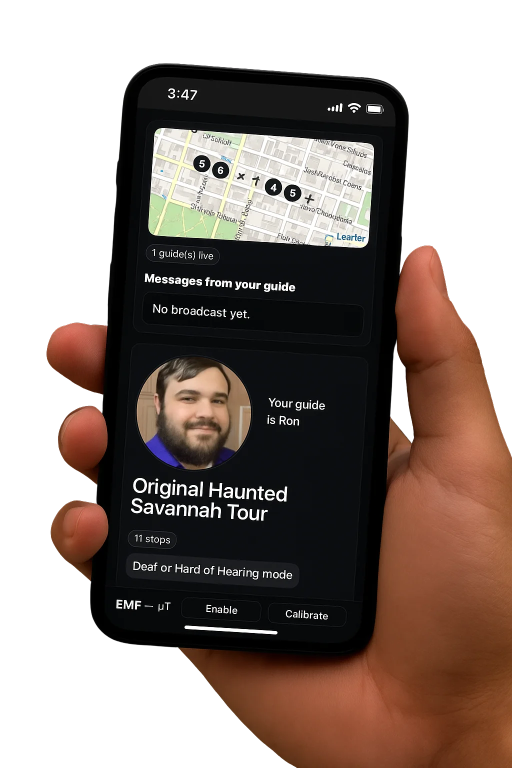 Hand holding smartphone displaying Learter app for Original Haunted Savannah Tour with map, guide Ron's photo, and 11 stops
