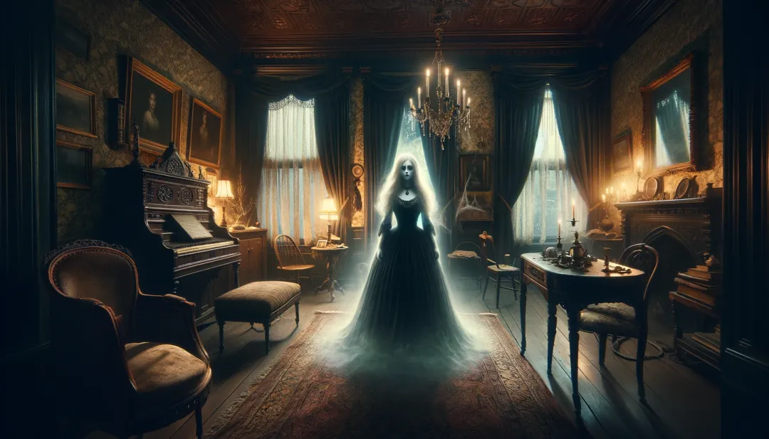 A ghostly Victorian woman with long white hair and a glowing aura stands in the center of an ornate 19th-century parlor. The room is dimly lit by chandeliers and candles, with antique furniture, portraits, and a piano surrounded by heavy drapes and cobwebs, creating an eerie, atmospheric scene.