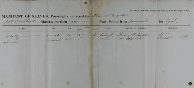 Record of Francis transporting a slave woman named Molly 1857.