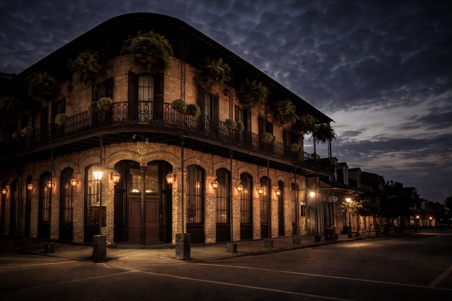 New Orleans Historic French Quarter building in New Orleans at dusk with wrought iron balconies, gas lanterns, and dramatic cloudy sky