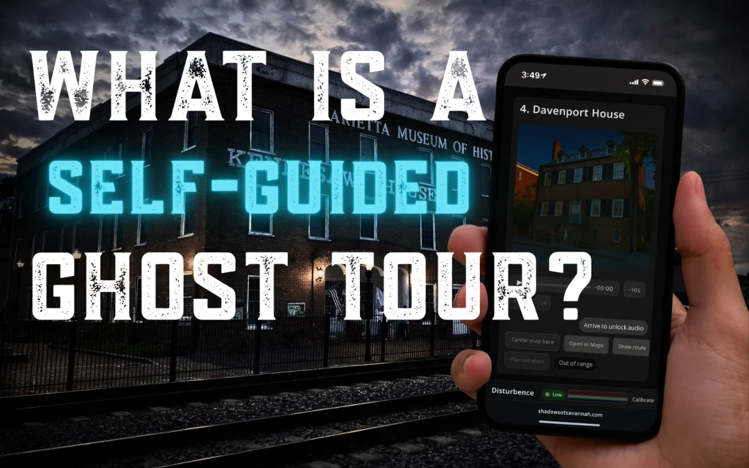 Hand holding smartphone displaying Davenport House ghost tour app near Marietta Museum of History at night with dramatic sky