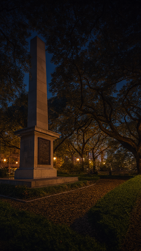 Nighttime view of a tall stone obelisk in a quiet park, framed by oak trees and softly lit by warm streetlights.