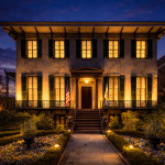 in downtown Savannah, Georgia, illuminated at dusk, a famously haunted Historic Andrew Low House landmark in the Savannah historic district featured on Savannah ghost tours and haunted Savannah walking tours.