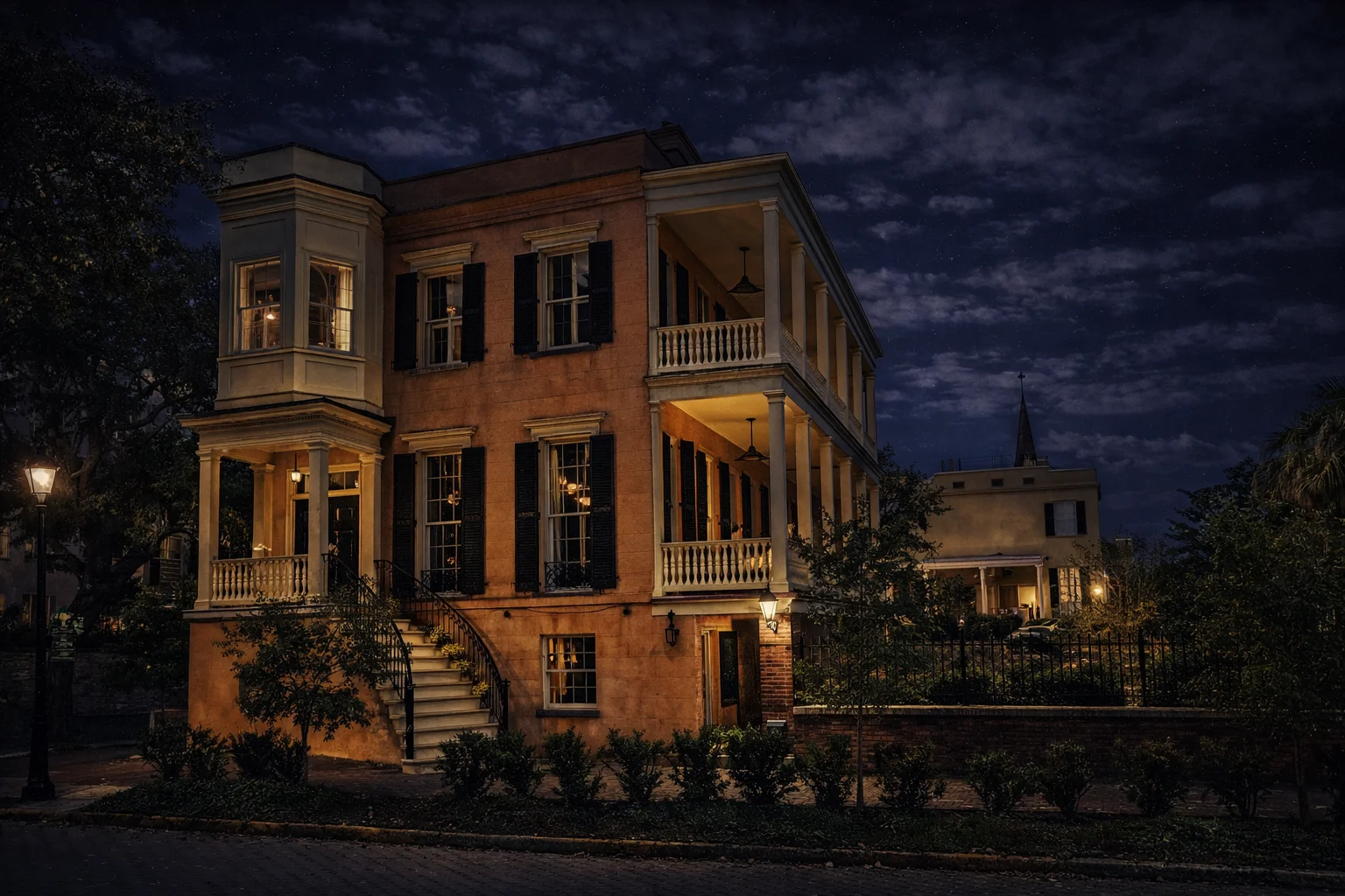 Historic Charleston brick home with double piazzas and black shutters illuminated at night under dramatic cloudy sky