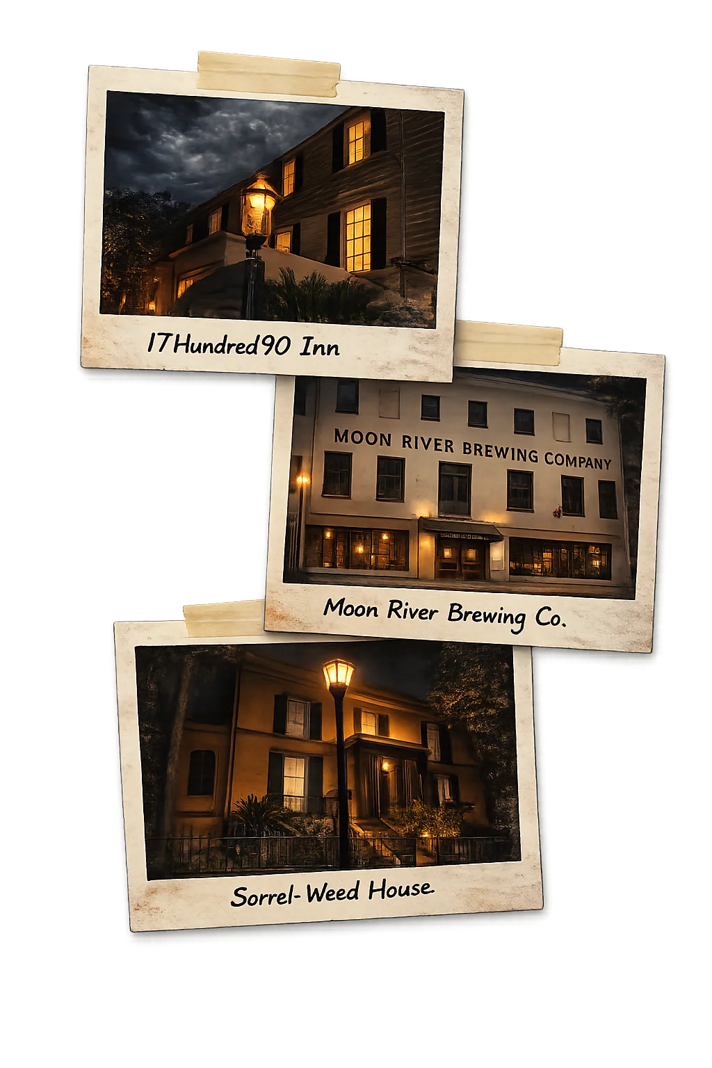 Case File Savannah Three vintage-style polaroid photos of haunted Savannah locations: 17Hundred90 Inn, Moon River Brewing Co, and Sorrel-Weed House