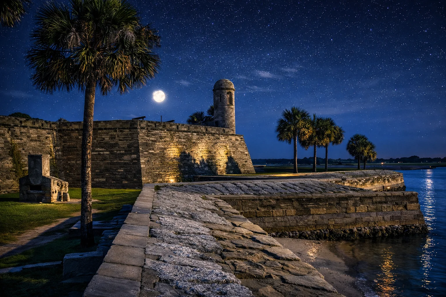 Castillo de San Marcos fort at night with full moon, palm trees, and starry sky in St. Augustine, Florida