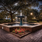Historic Savannah square fountain at dusk surrounded by oak trees and gas lamps, a scenic stop on Savannah ghost tours in the historic district.