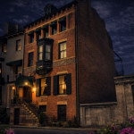 A tall, narrow brick townhouse rises into a deep indigo sky scattered with faint stars. The façade is richly textured, with dark shutters framing softly glowing windows. A small wrought iron staircase leads up to a wooden door sheltered beneath a rounded green awning, lit by warm lantern light. An ornate bay window projects from the upper floor, adding elegance and shadow to the structure. To one side, a stone wall and neighboring historic homes press close, while flowering plants in the foreground soften the scene. The overall mood is intimate and atmospheric, as if the building is quietly watching the street below.