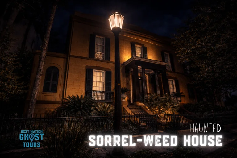 Historic Sorrel-Weed House in Savannah at night with glowing street lamp, promoted as haunted destination by Ghost Tours