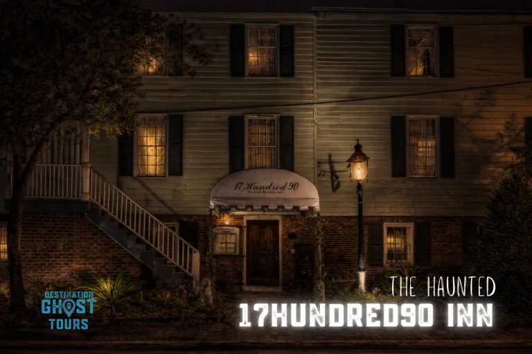 Historic 17Hundred90 Inn at night with glowing windows and vintage street lamp, Savannah haunted hotel ghost tour destination