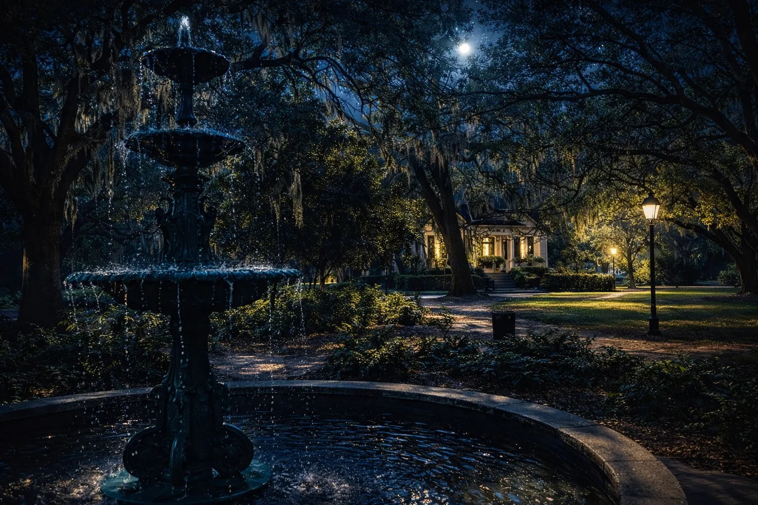 Ornate tiered fountain in a Savannah square at night with Spanish moss-draped oak trees and historic home under moonlight