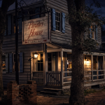 A photo of the haunted Pirates' House Resturaunt in Savannah GA at night. Often included on Savannah Ghost Tours.