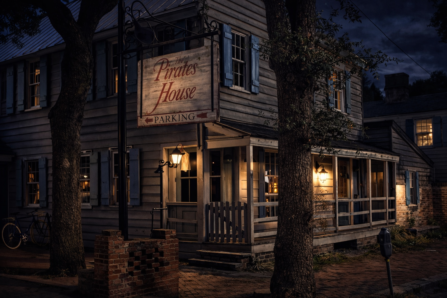A photo of the haunted Pirates' House Resturaunt in Savannah GA at night. Often included on Savannah Ghost Tours.