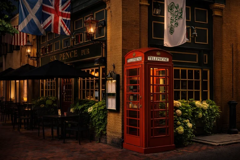 Classic red British telephone booth outside Six Pence Pub with Union Jack flag, outdoor seating, and warm lantern lighting