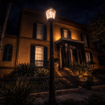 Historic Savannah mansion illuminated by a glowing streetlamp at night, a hauntingly beautiful landmark in the Savannah historic district often featured on Savannah ghost tours and haunted Savannah experiences.