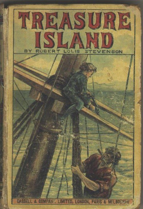 A photo of an early cover for the book Treasure Island.