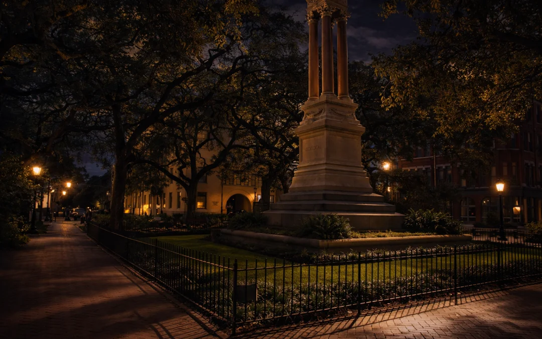 Historic Savannah square at night with illuminated monument, oak trees, wrought iron fence, and glowing street lamps