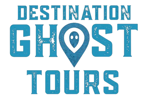 Destination Ghost Tours logo featuring blue distressed text with ghost face inside map pin icon
