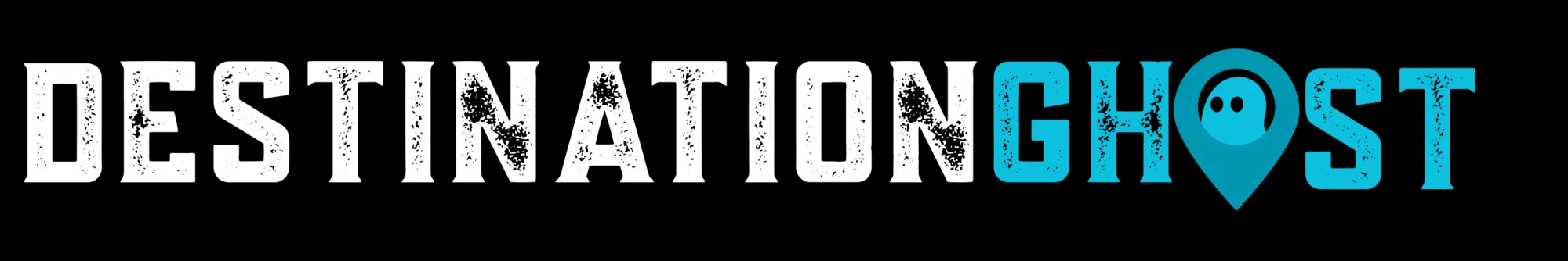 Destination Ghost Logo 4 Destination Ghost logo with distressed white and teal text featuring a ghost icon inside a location pin on black background