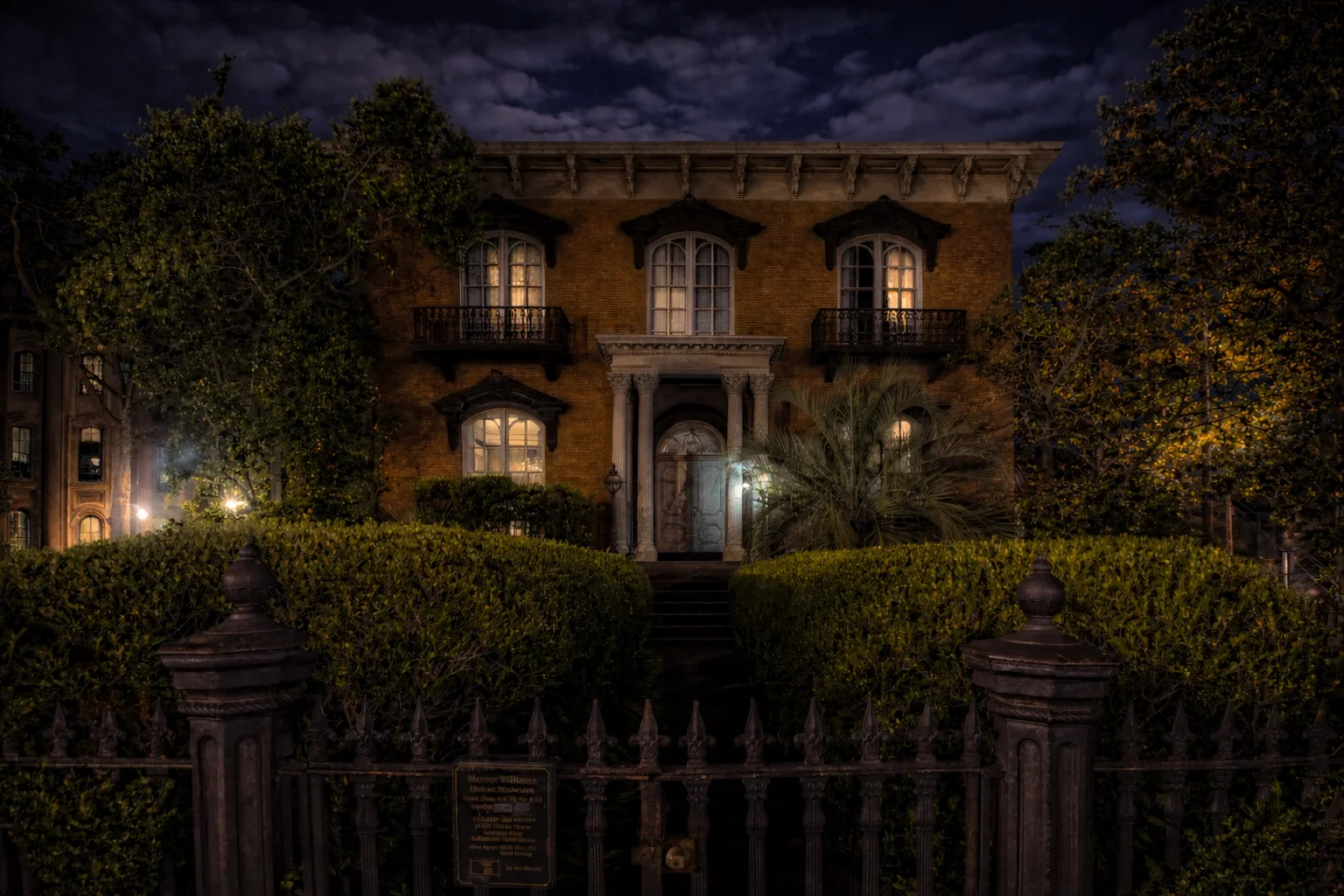 Mercer-Williams House Museum in Savannah at night with illuminated windows, wrought iron fence, and manicured hedges