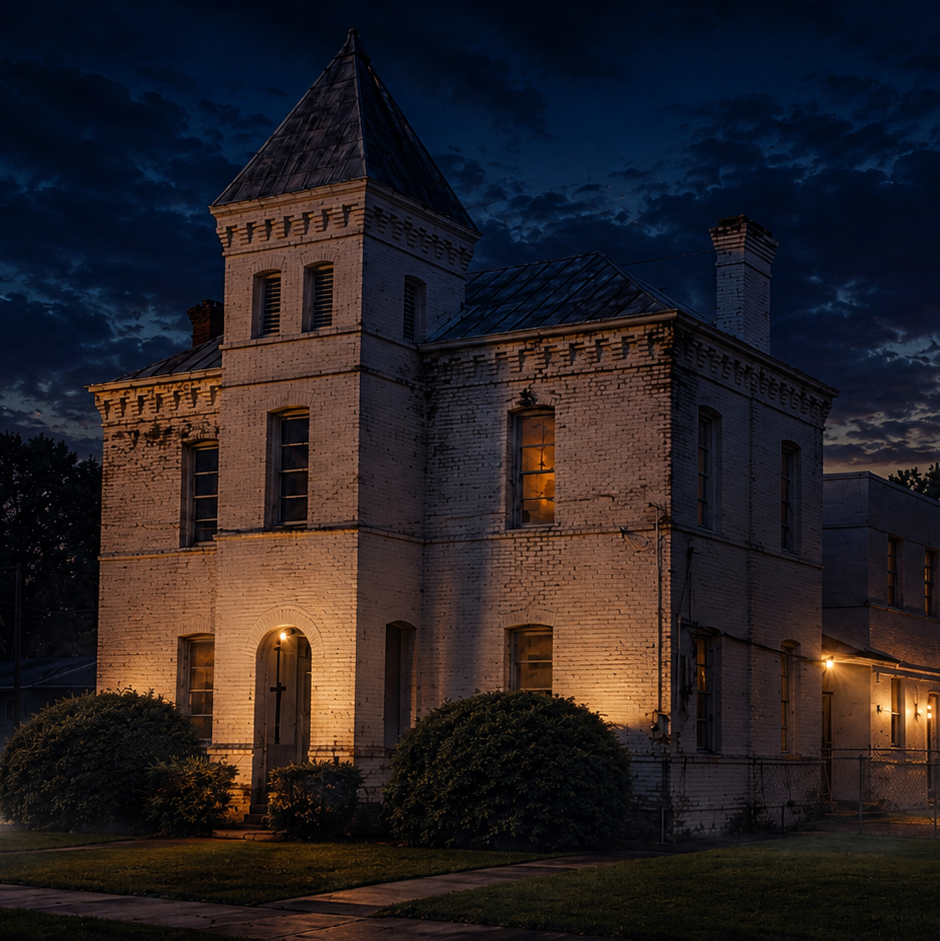 Historic Southern mansion at night with glowing street lamp, iron fence, and palm trees in Savannah Georgia historic district