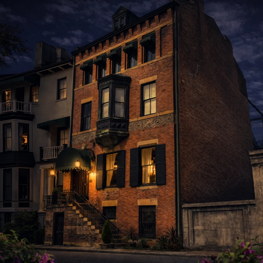 Historic Southern mansion at night with glowing street lamp, iron fence, and palm trees in Savannah Georgia historic district