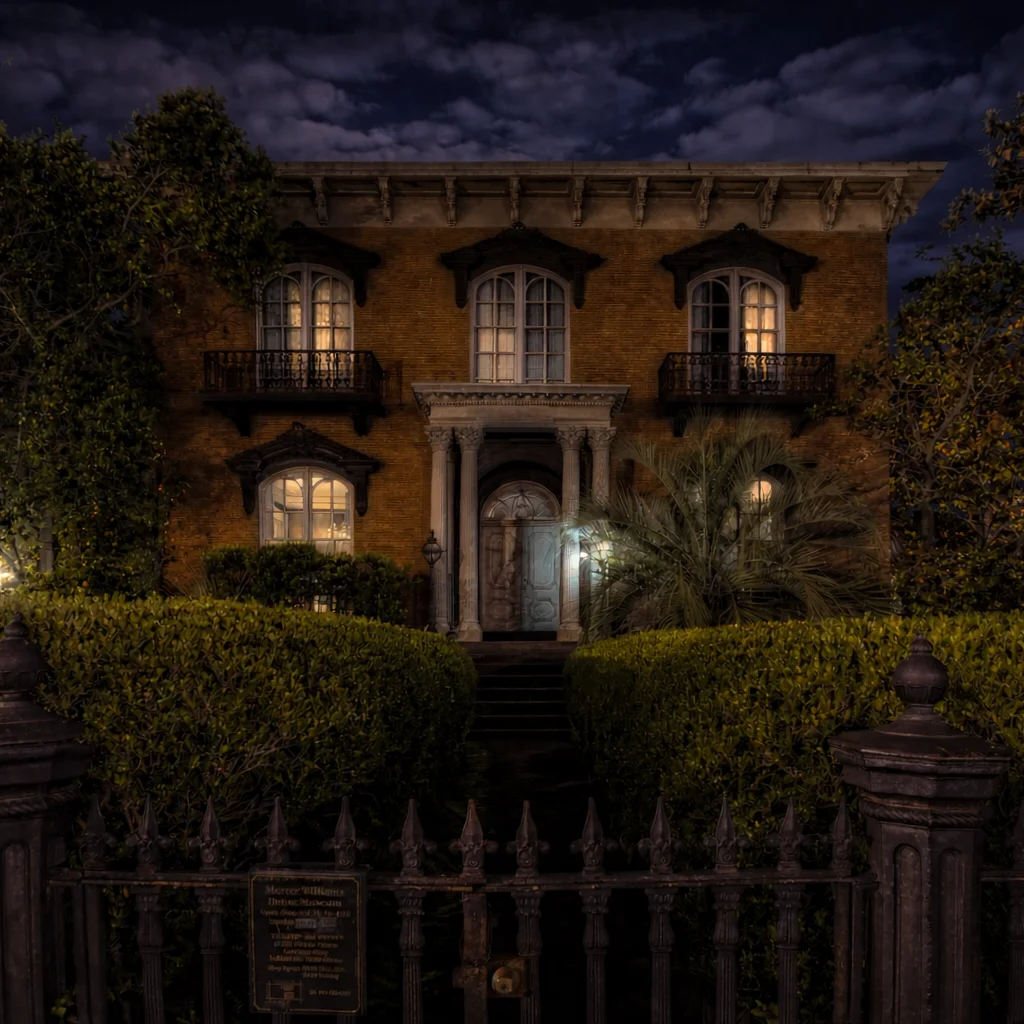Historic Southern mansion at night with glowing street lamp, iron fence, and palm trees in Savannah Georgia historic district
