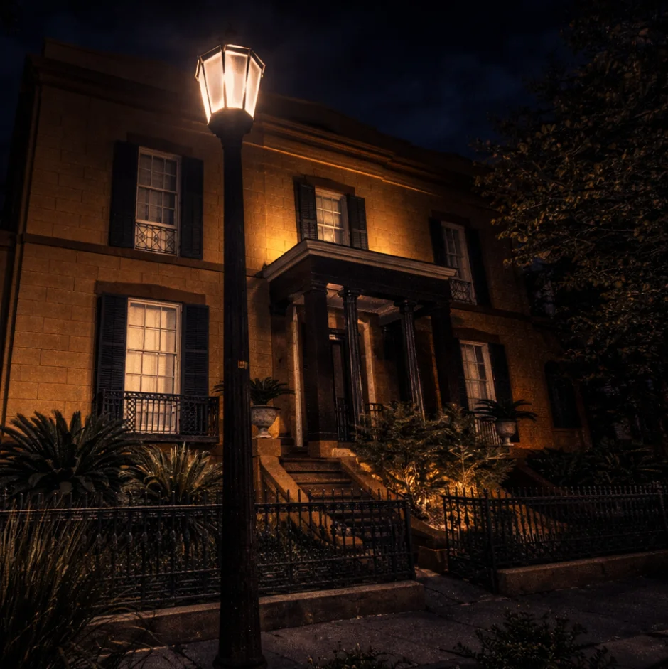 Sorrel-Weed House Square -1 Historic Southern mansion at night with glowing street lamp, iron fence, and palm trees in Savannah Georgia historic district