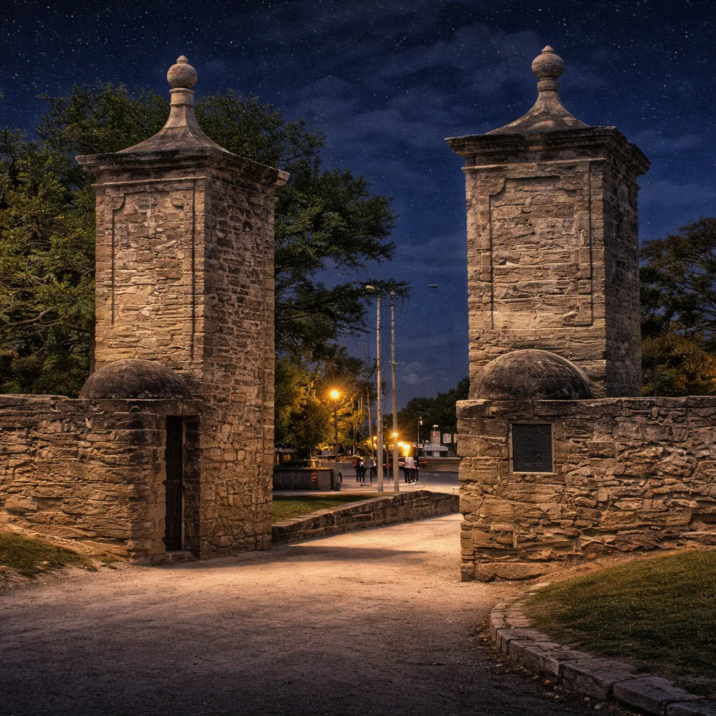 Historic Southern mansion at night with glowing street lamp, iron fence, and palm trees in Savannah Georgia historic district