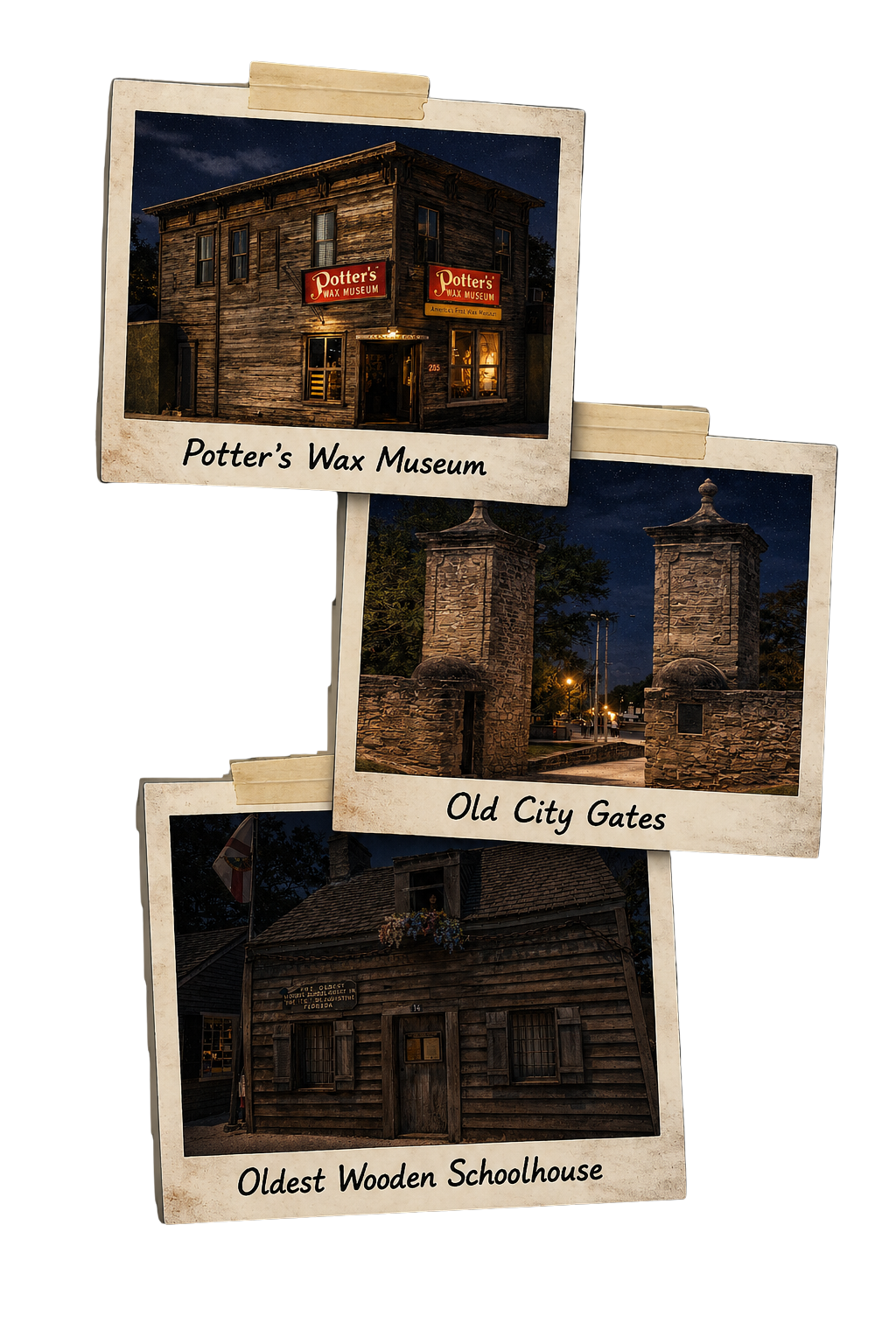 stAugpolaroid Three vintage-style polaroid photos of haunted Savannah locations: 17Hundred90 Inn, Moon River Brewing Co, and Sorrel-Weed House
