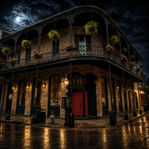 Historic Southern mansion at night with glowing street lamp, iron fence, and palm trees in Savannah Georgia historic district