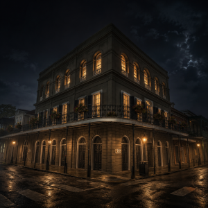 Historic wooden colonial buildings on cobblestone street at dusk with warm lantern lighting and open sign in St Augustine Florida