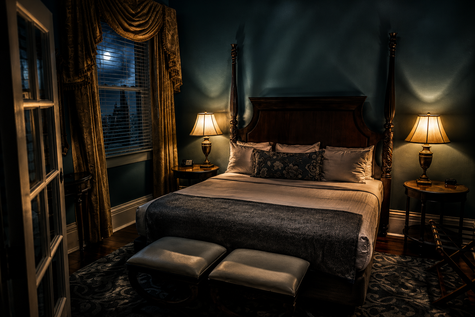A guest room inside the Marshall House hotel in Savannah
