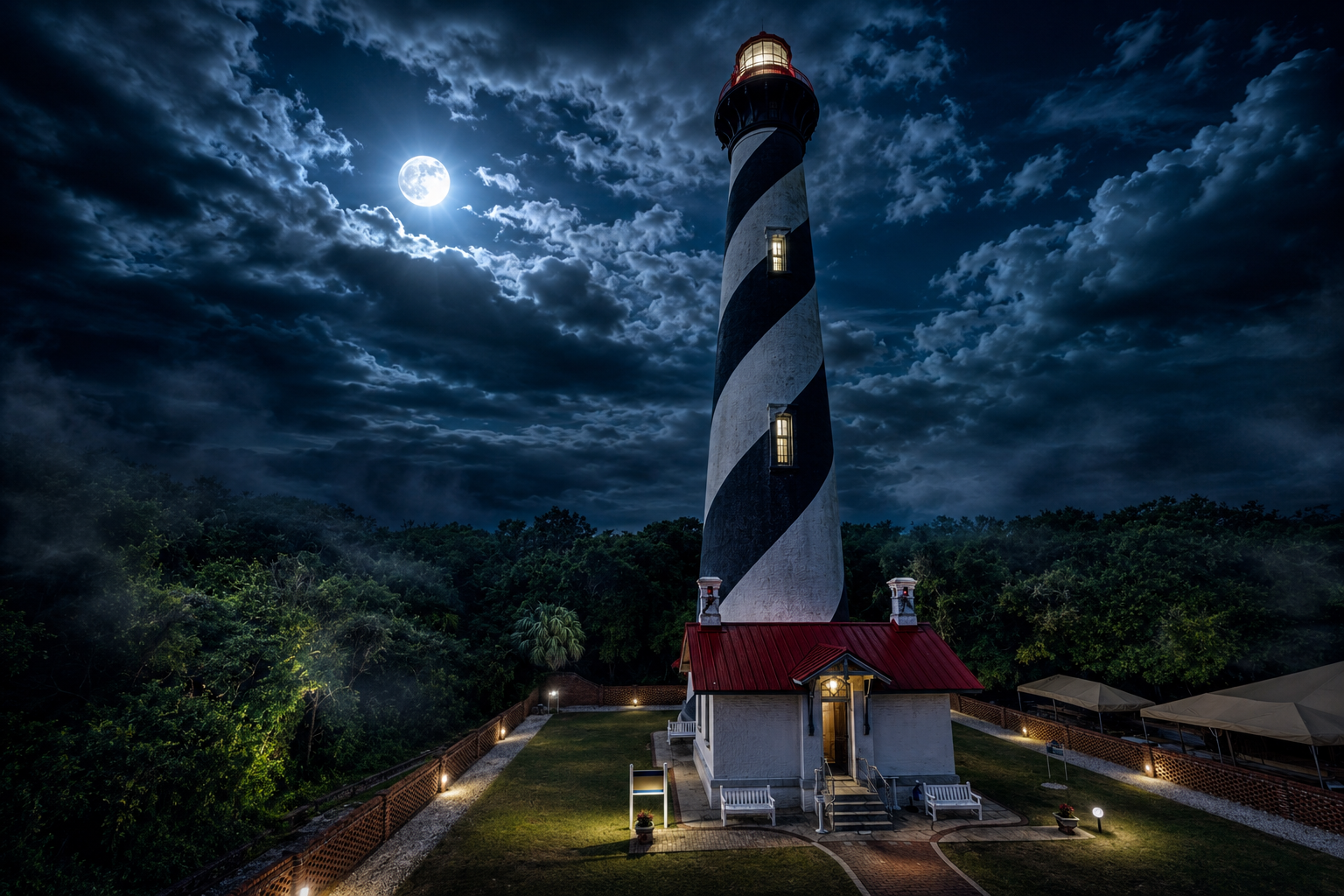 The modern St. Augustine Lighthouse, a black and white spiral tower with a red top
