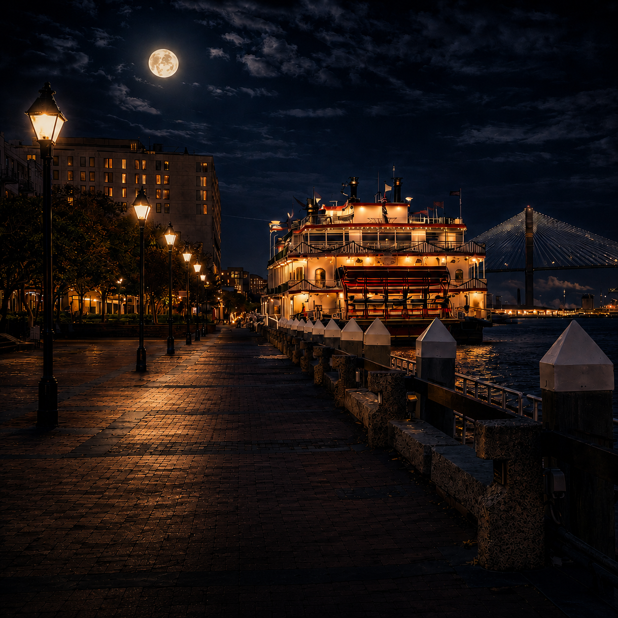 River Street along the Savannah River at night